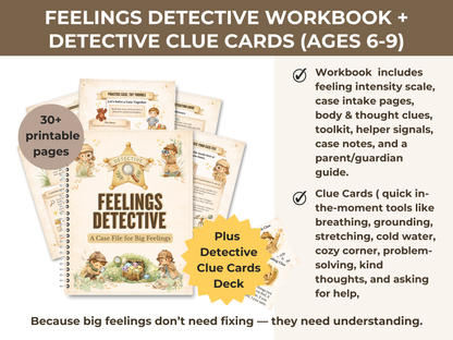 Feelings Detective Workbook Printable for Kids | Coping Skills + Clue Cards
