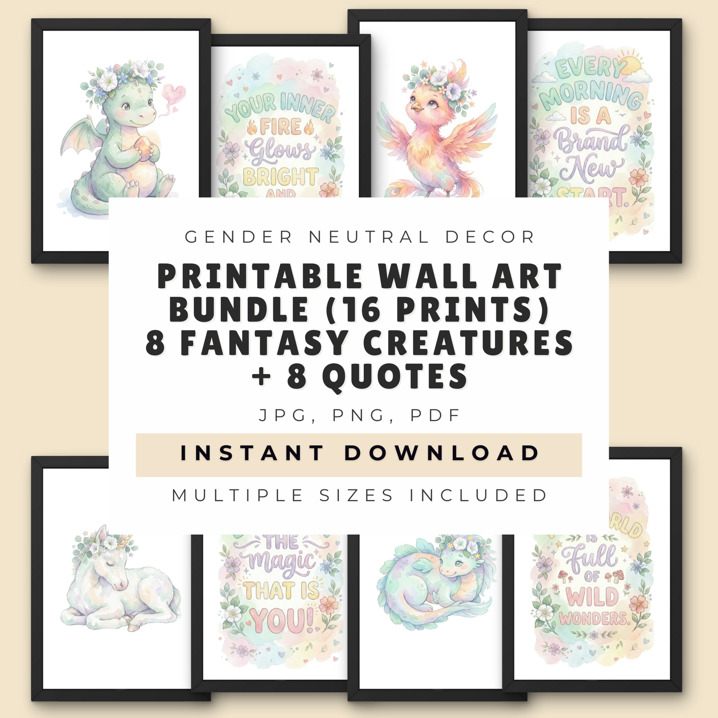 Printable Nursery Wall Art Bundle (16 Prints), Pastel Fantasy Creatures + Quotes, Instant Download