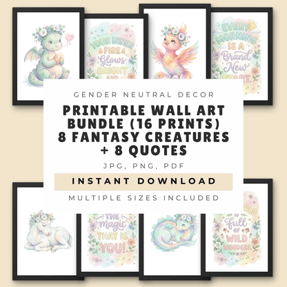 Printable Nursery Wall Art Bundle (16 Prints), Pastel Fantasy Creatures + Quotes, Instant Download