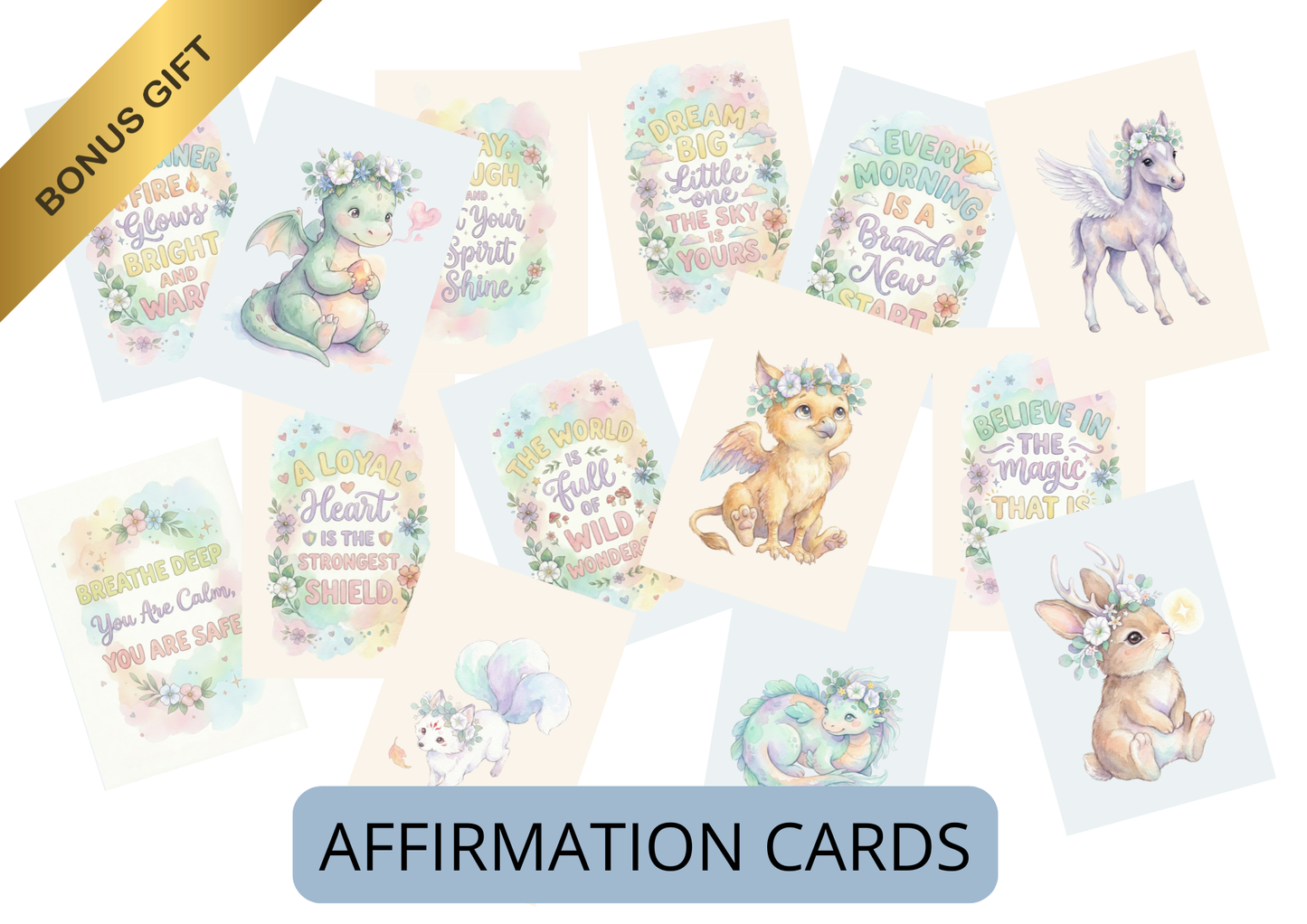 Printable Nursery Wall Art Bundle (16 Prints), Pastel Fantasy Creatures + Quotes, Instant Download
