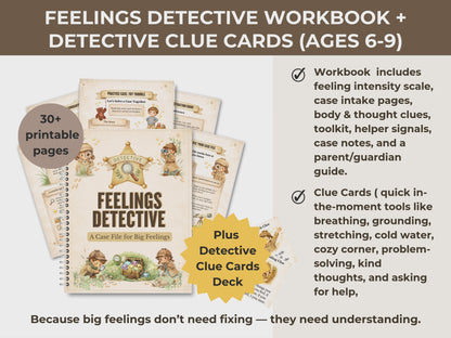 Feelings Detective Workbook Printable for Kids | Coping Skills + Clue Cards